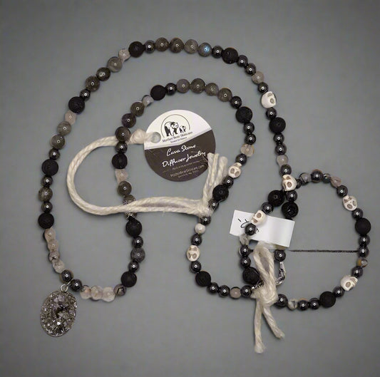 Beautiful Handmade Lava Stone Skull Necklace and Bracelet Gift Set