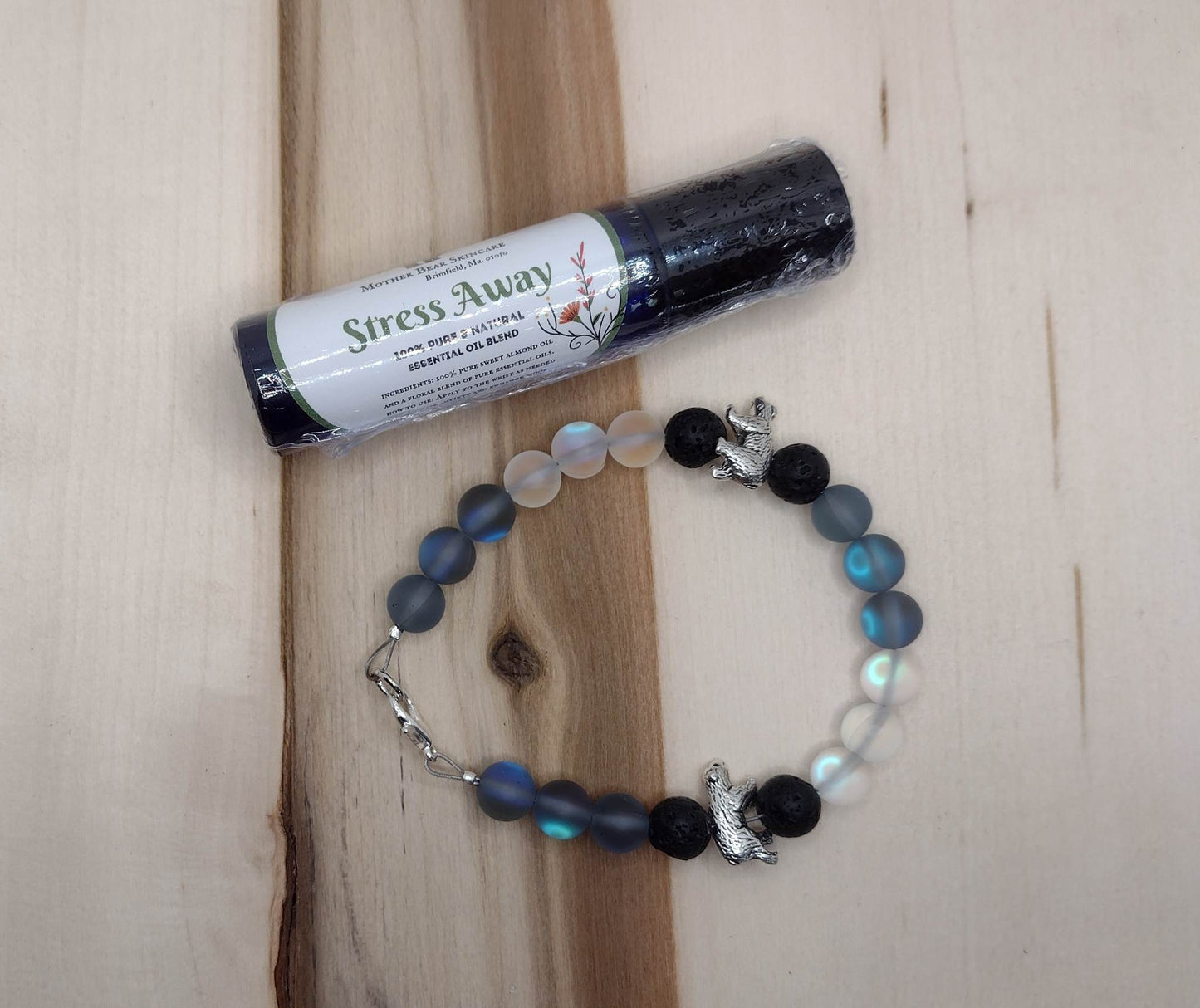 Handmade"Mama Bear"Lava Stone Diffuser Bracelet with "Stress Away" Roll-On Bottle (Pure Essential Oils).