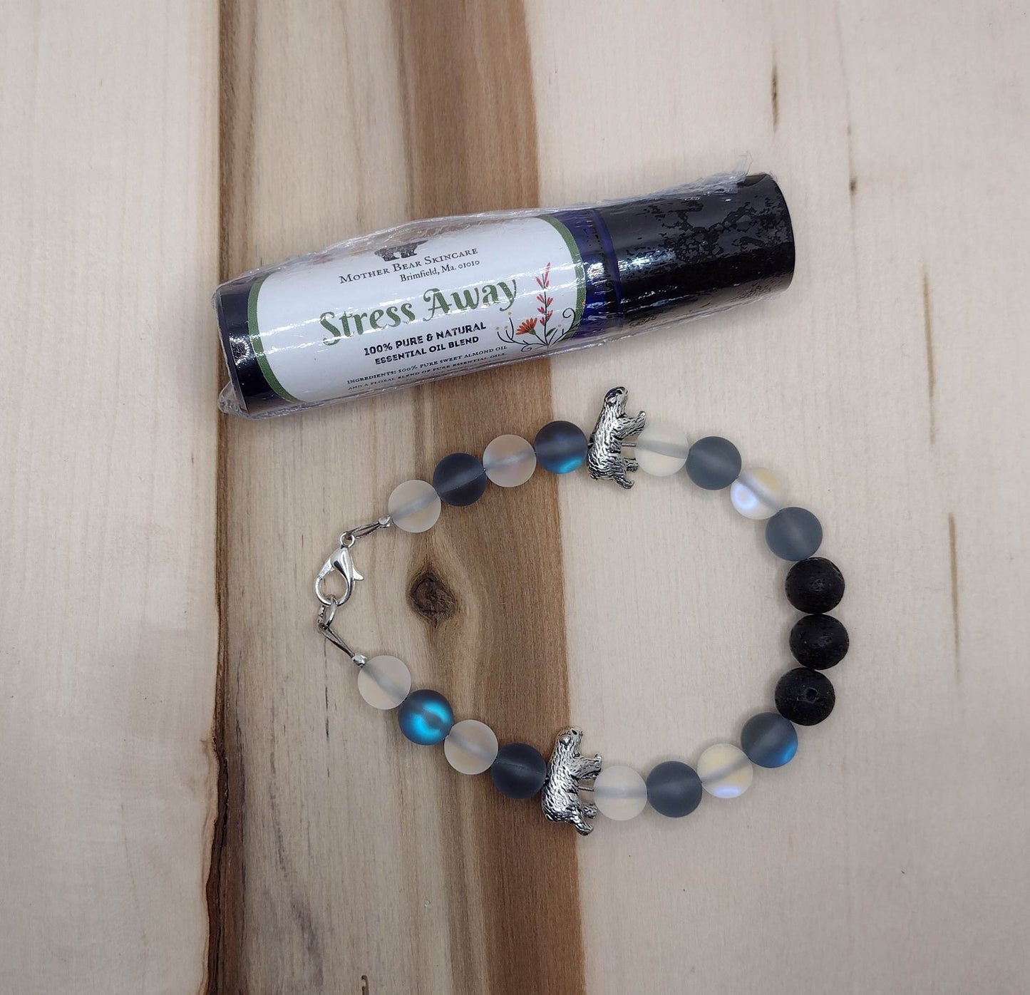 Handmade"Mama Bear"Lava Stone Diffuser Bracelet with "Stress Away" Roll-On Bottle (Pure Essential Oils).