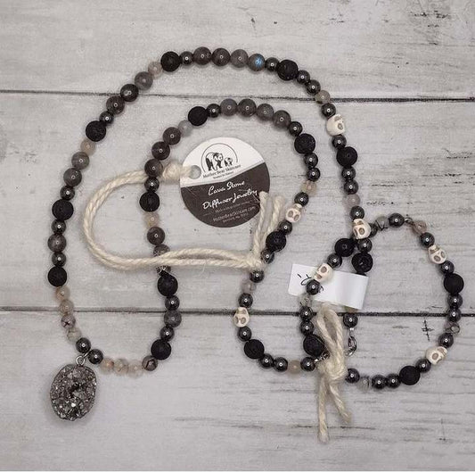 Beautiful Handmade Lava Stone Skull Necklace and Bracelet Gift Set