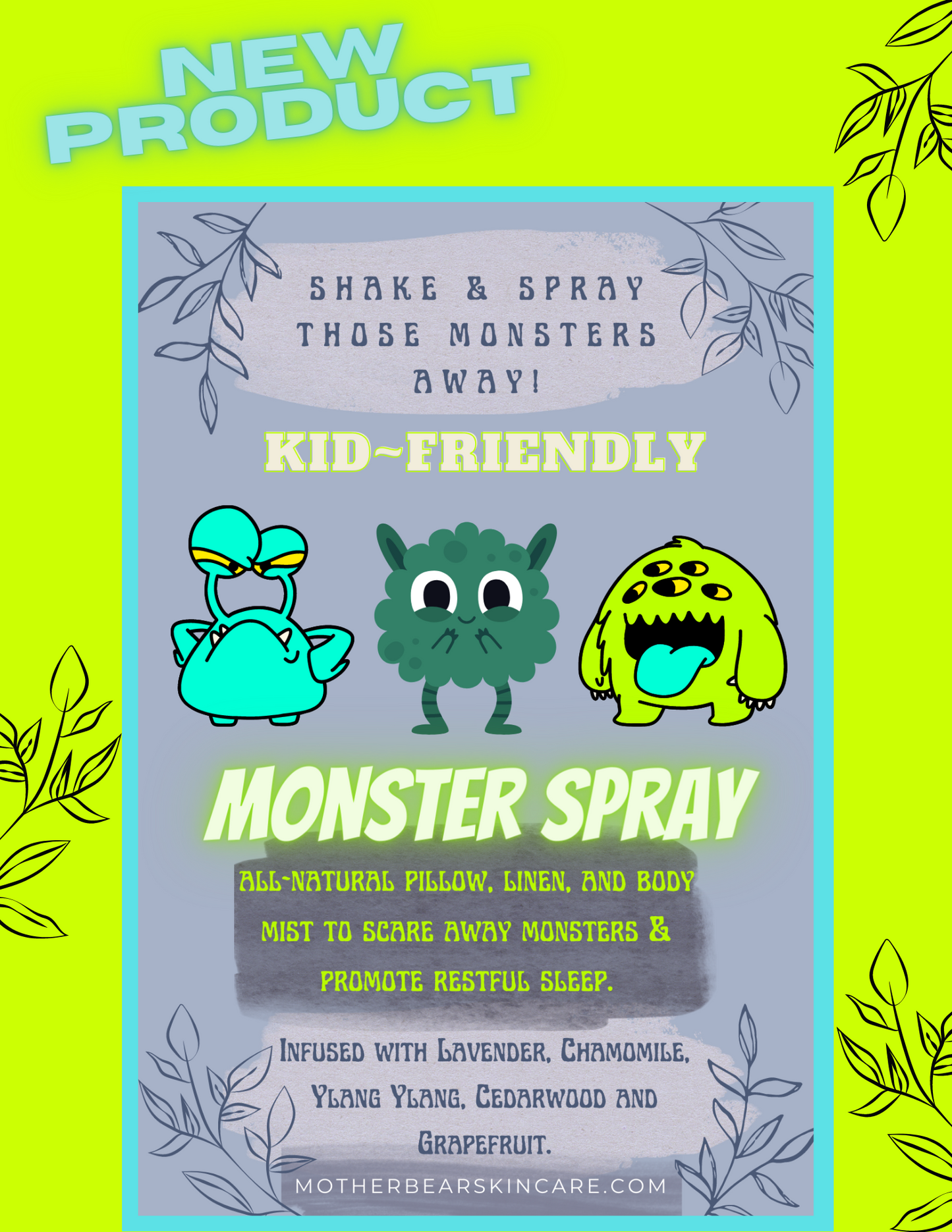 Monster Spray for Kids ~ All Natural Pillow, Linen and Body Mist to Scare Away Monsters and Promote Restful Sleep.